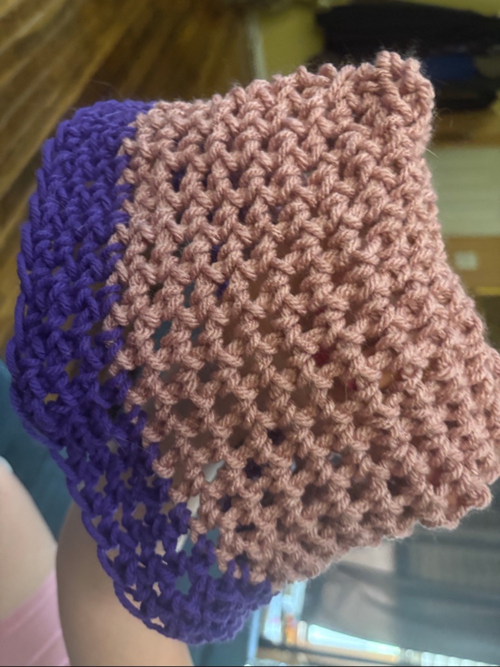 Handmade (crochet) Two-Tone Knit Beanie in Pink and Purple